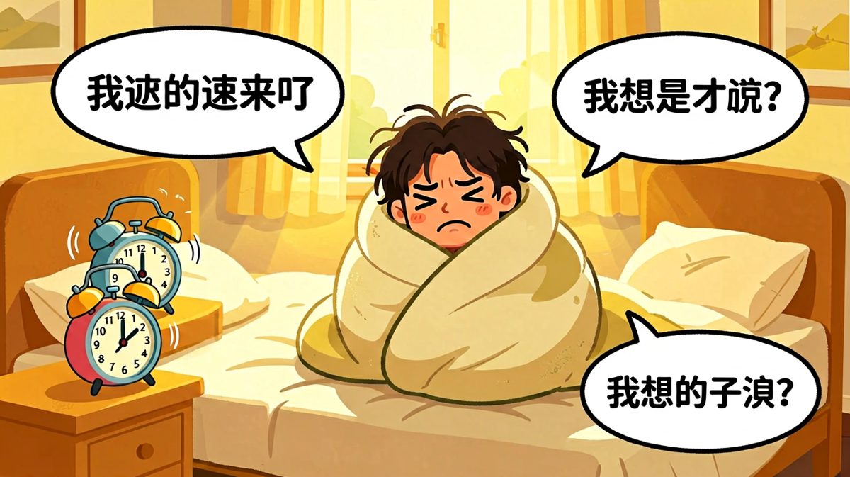 闹钟响了，主角用被子封印自己，死活不想起。