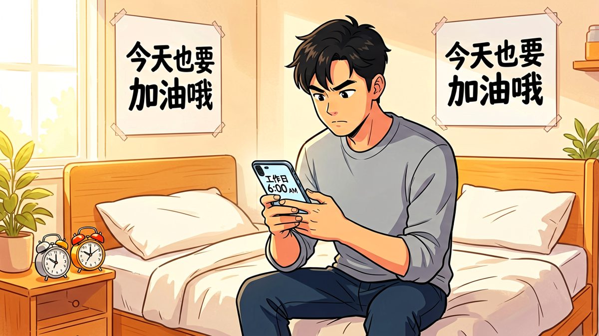 周一晚上，主角雄心壮志地定下早起闹钟