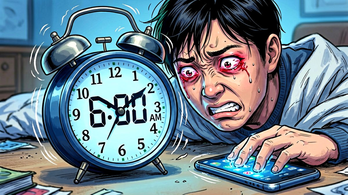 闹钟响起，主角内心崩溃但身体诚实按掉了闹钟继续睡