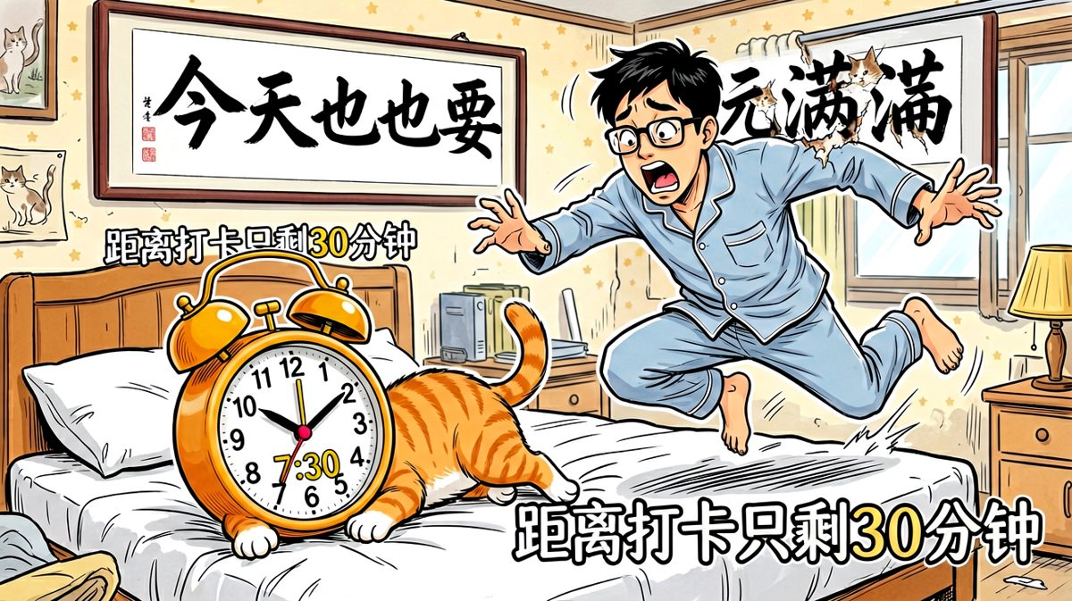 第一格：闹钟响了，小明从床上弹射起飞