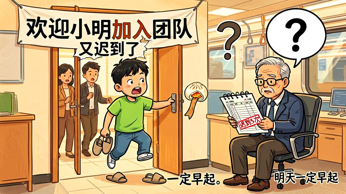 第四格：迟到五次，老板的'??'表情包诞生