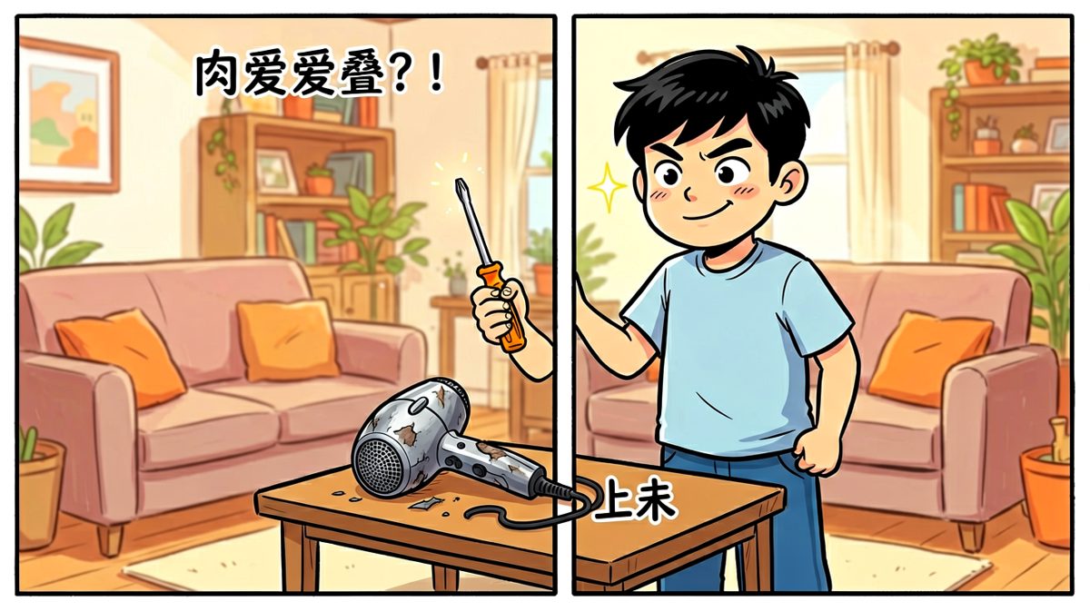 第一格：小明拍着胸脯说'小意思，我修！'