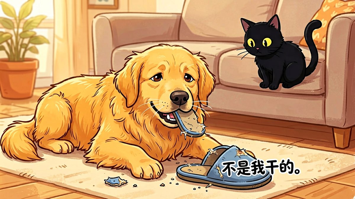 狗狗拆家现场被抓包，却试图用无辜脸蒙混过关。