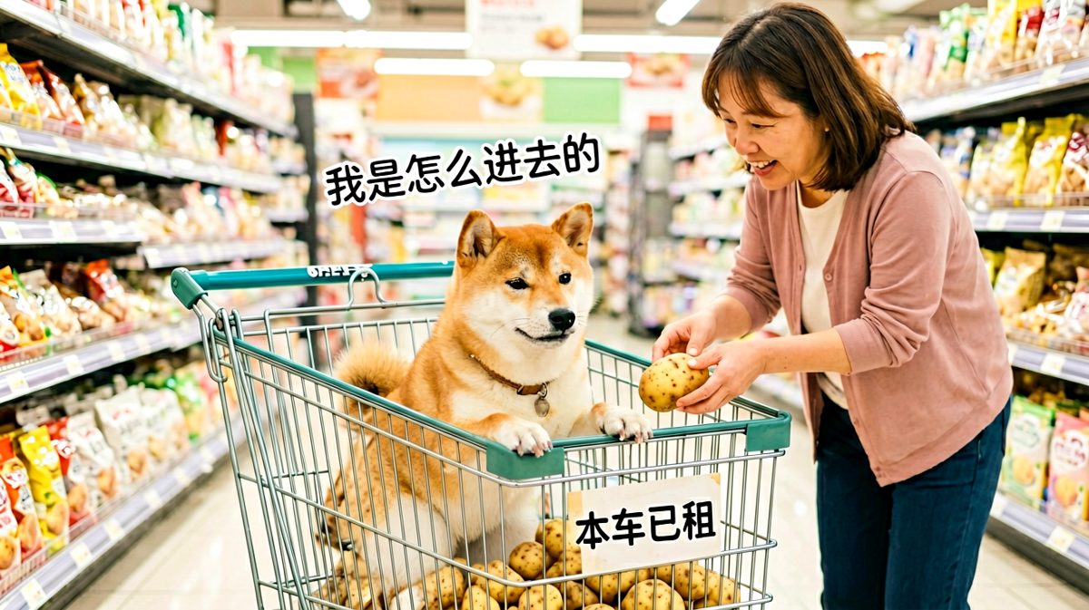 柴犬误入超市，以为自己是个需要买菜的好孩子。