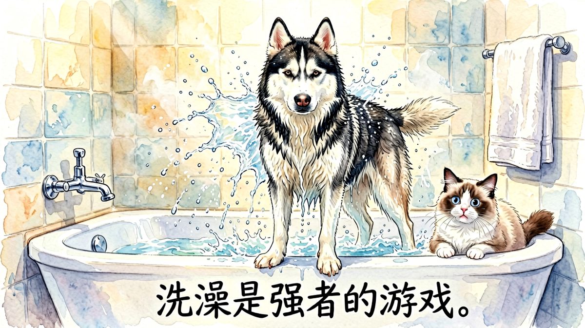 哈士奇热爱洗澡这件事，但它的猫室友不这么认为。