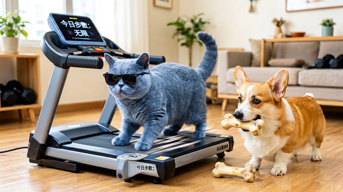 猫咪健身打卡成功，尽管跑步机只开了最低档。