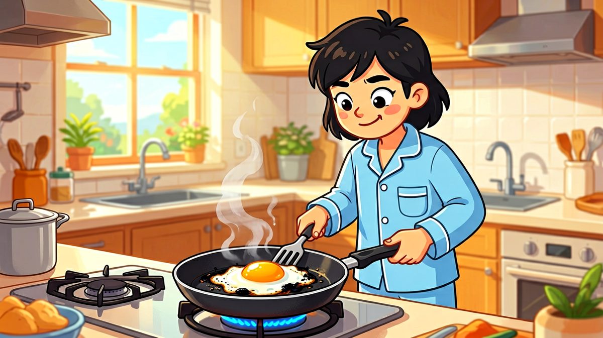 第一格：自信满满开始煎蛋，殊不知危机即将来临