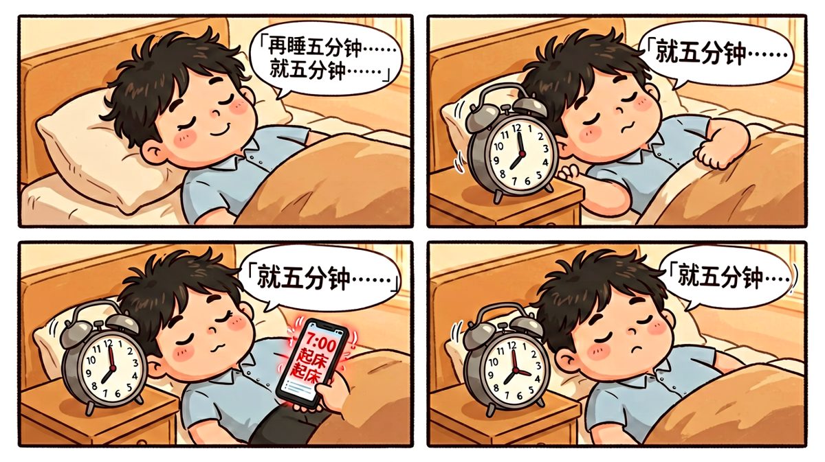 第一格：闹钟响起，打工人的第一反应是关掉继续睡