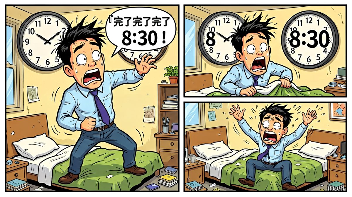 第二格：猛然惊醒发现已经睡过头，整个人崩溃了