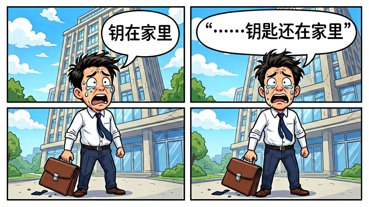 第四格：到达公司楼下才发现忘带钥匙，彻底崩溃