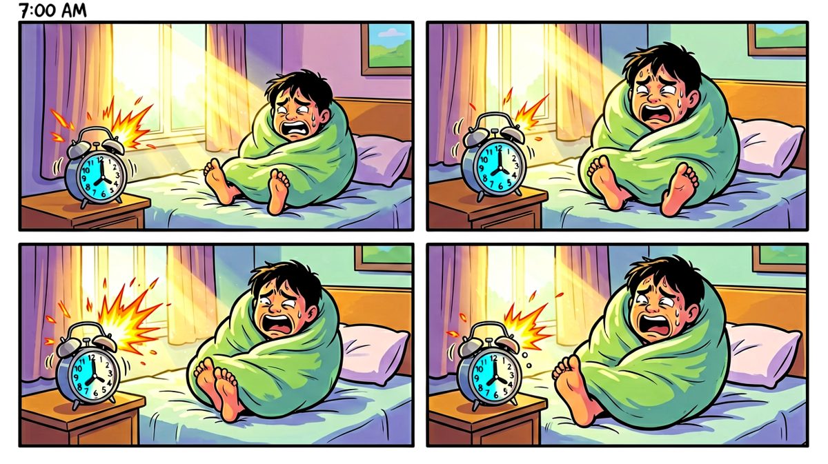 闹钟狂响，主角把自己裹成蚕蛹死活不起床