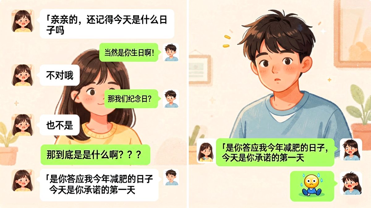 纪念日陷阱——男生以为要送礼物，其实是减肥打卡第一天
