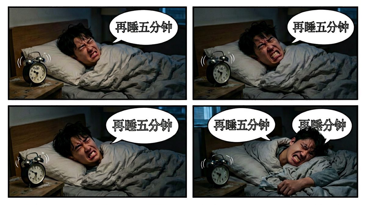 闹钟响了，主人公与床铺展开殊死搏斗