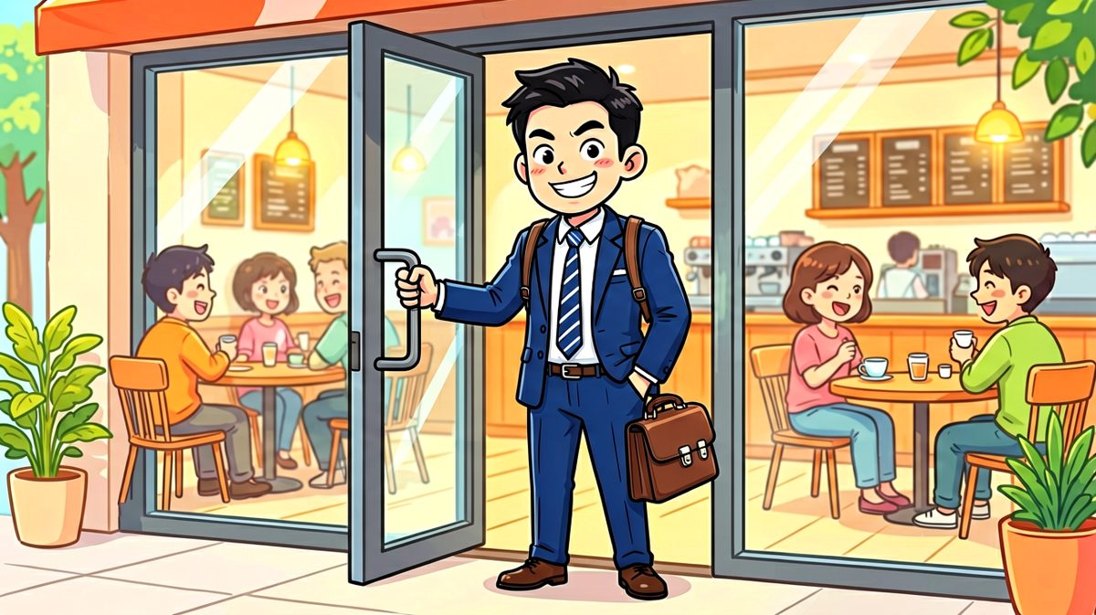 主角自信满满走进咖啡店，今天要喝杯咖啡提提神。