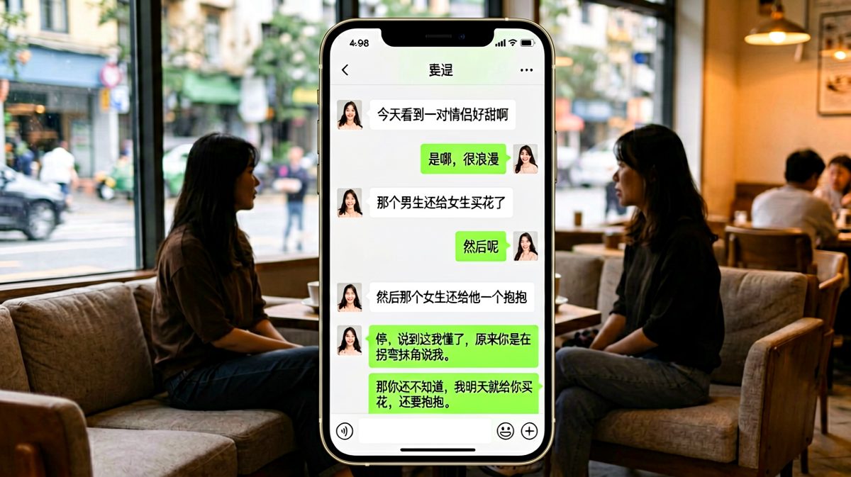女生借别人秀恩爱来暗示男友，结果男友反应快得离谱，立刻用行动化解。