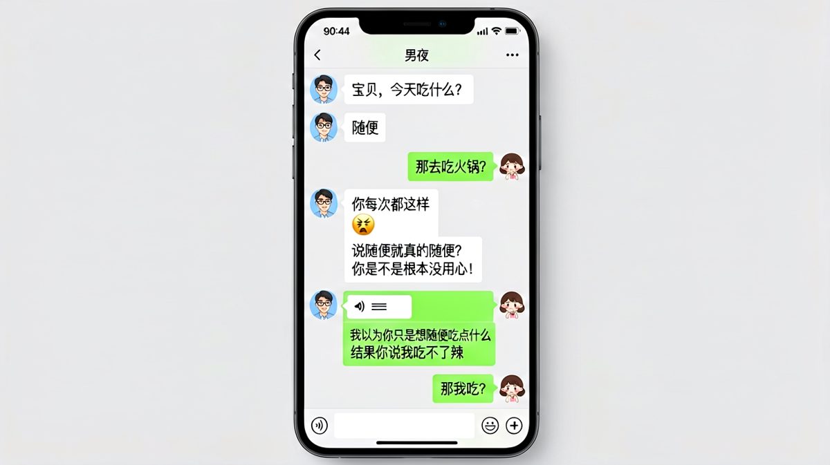 【随便型陷阱】男生以为随便就是字面意思，最后只能自己吃火锅，女方则在一旁看剧笑出声。