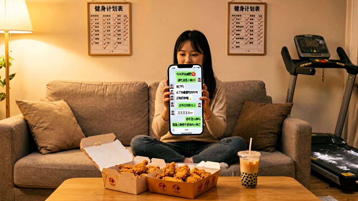 一边喊着减肥一边点炸鸡外卖，被抓包后还嘴硬说自己是'小狗'。