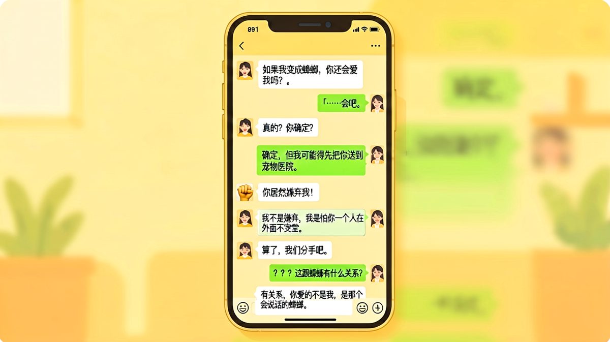 经典送命题变体，男生越解释越黑，最终因为心疼蟑螂被分手。