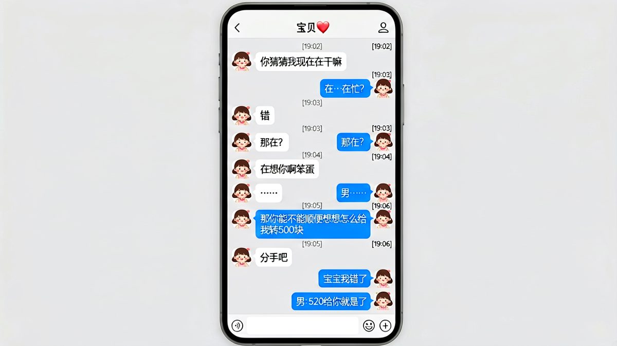 男生想借钱反被秒变男友，最后一秒跪地认错求520转账保平安。