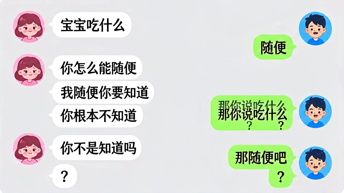 问吃什么结果是送命题，一句'随便吧'直接引爆。