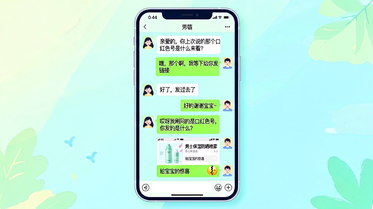 男生以为要买口红色号，结果发过来的是防晒喷雾链接