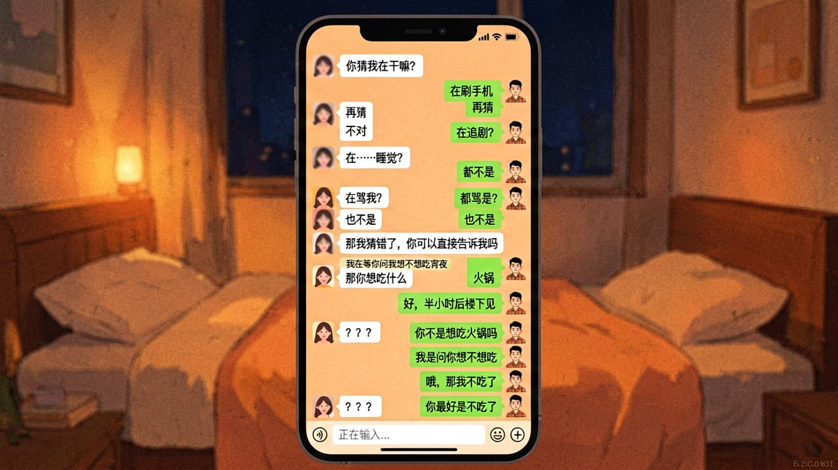 「你猜我在干嘛」的终极陷阱，直男的最后一击让他成功单身三小时。