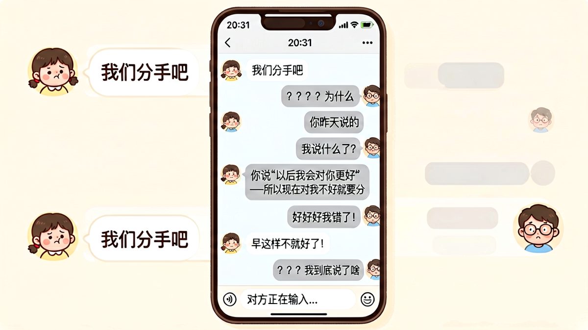 女生拿一句承诺当分手理由，男生一脸懵逼还在输入中。