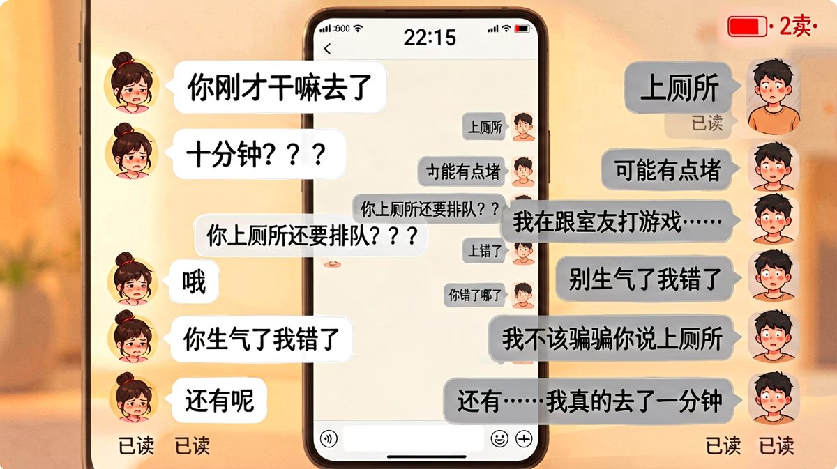 用上厕所掩饰打游戏的经典谎言，被一步步拆穿的过程。