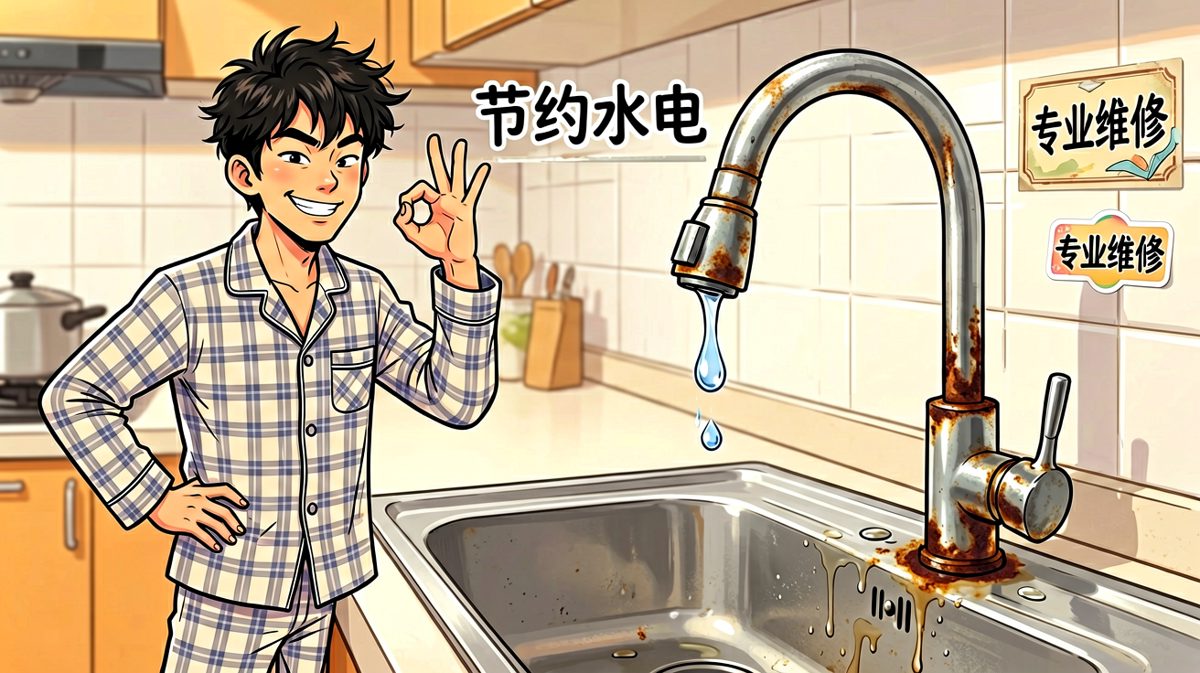 自信满满的主人公看着滴水的水龙头，觉得这简直是小事一桩。