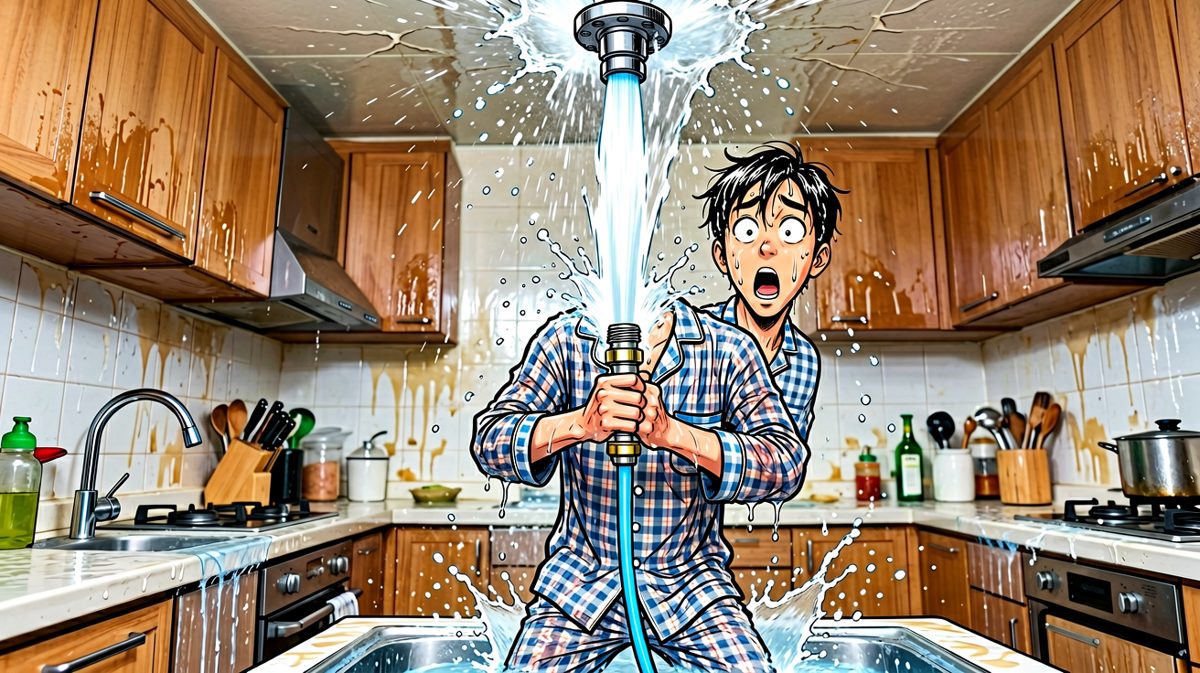 水管爆裂，水花四溅，主人公瞬间从'维修大师'变成落汤鸡。