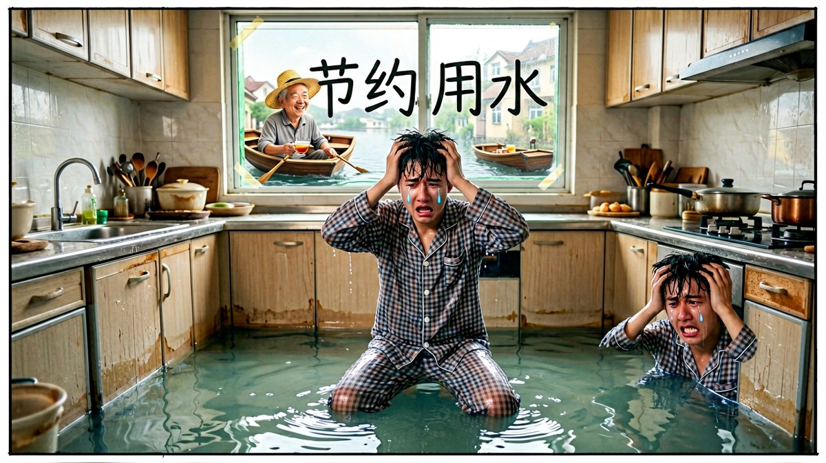 厨房已成游泳池，主人公崩溃跪地，而邻居大爷竟在小船上悠闲喝茶围观。