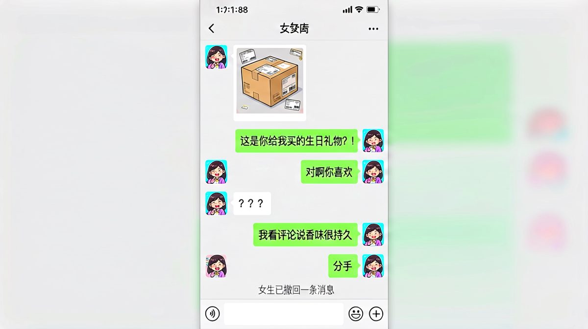 【礼物翻车实录】男生送的'持久香水'其实是空气清新剂，撤回的分手暴露一切。