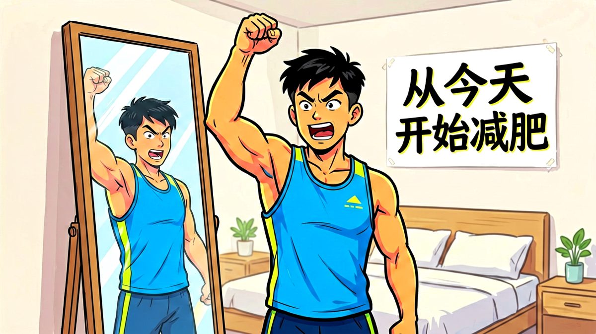 主人公信誓旦旦立下减肥flag，眼神中燃烧着熊熊斗志。