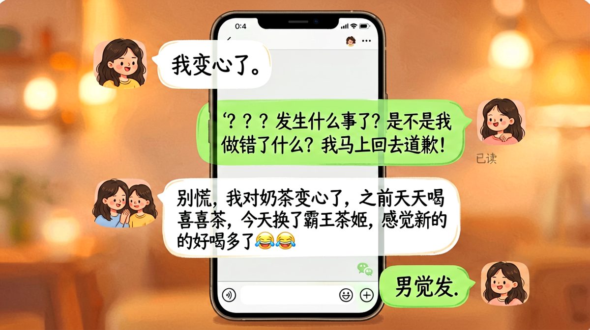 女生一句'我变心了'吓坏男朋友，结果只是换了奶茶品牌。