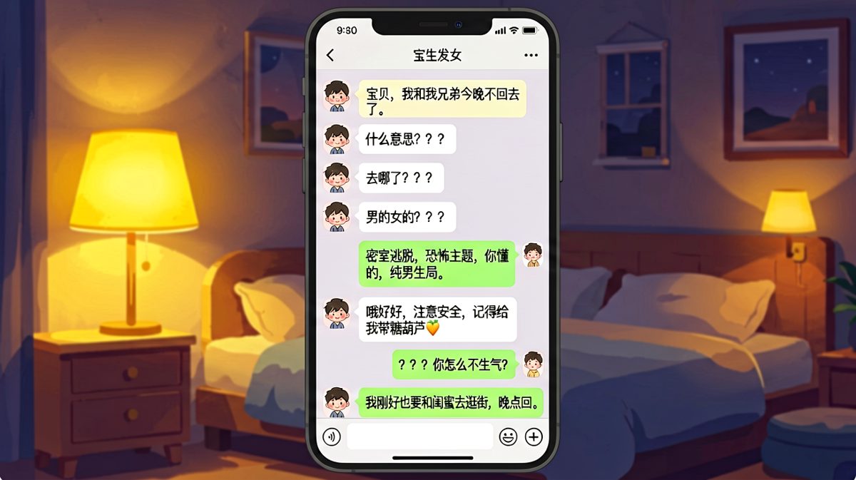 男生谎称不回家约会密室，结果女生比他还淡定，原来各有安排。