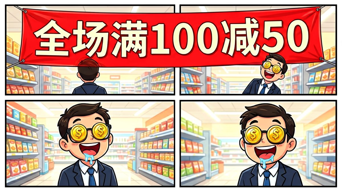 主角看到超市大促销，眼睛瞬间变成钱的样子。