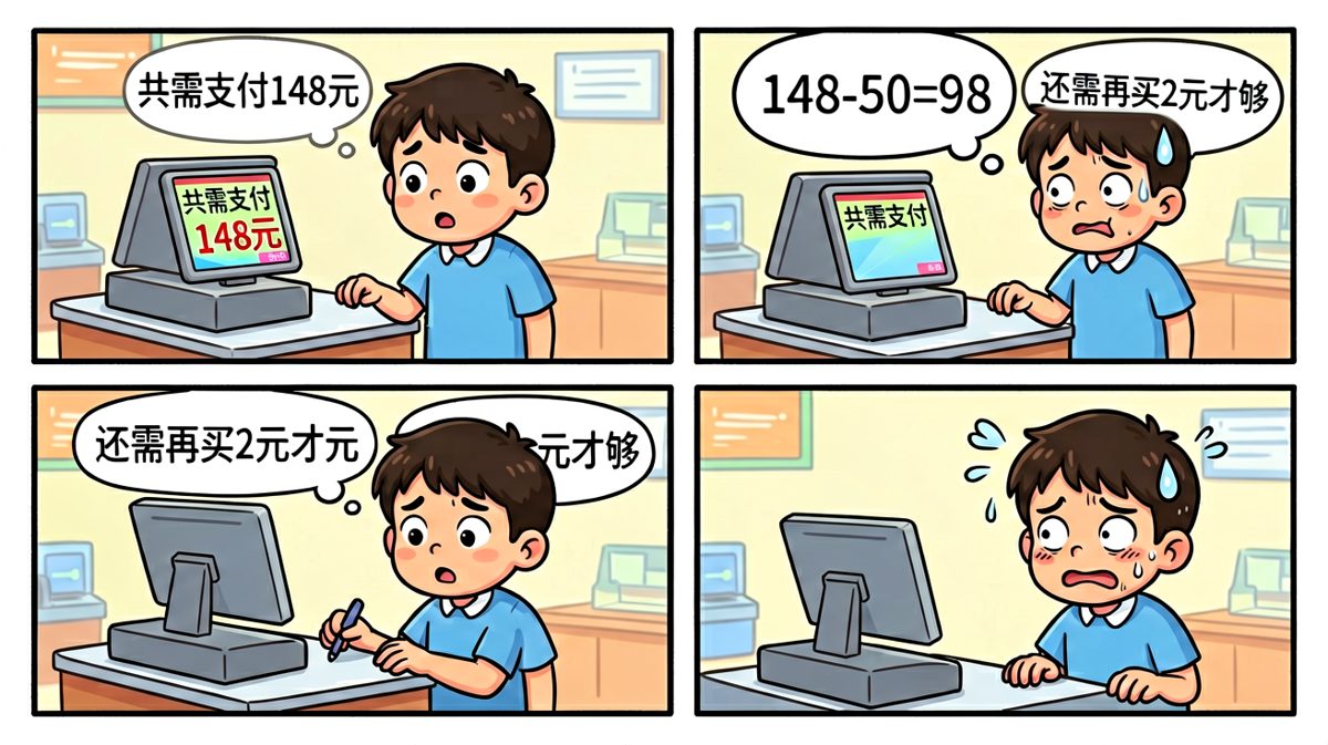 结账时发现差两元才能满减，主角陷入尴尬。