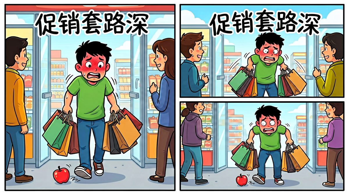 买太多拎不动，主角后悔莫及狼狈离场。