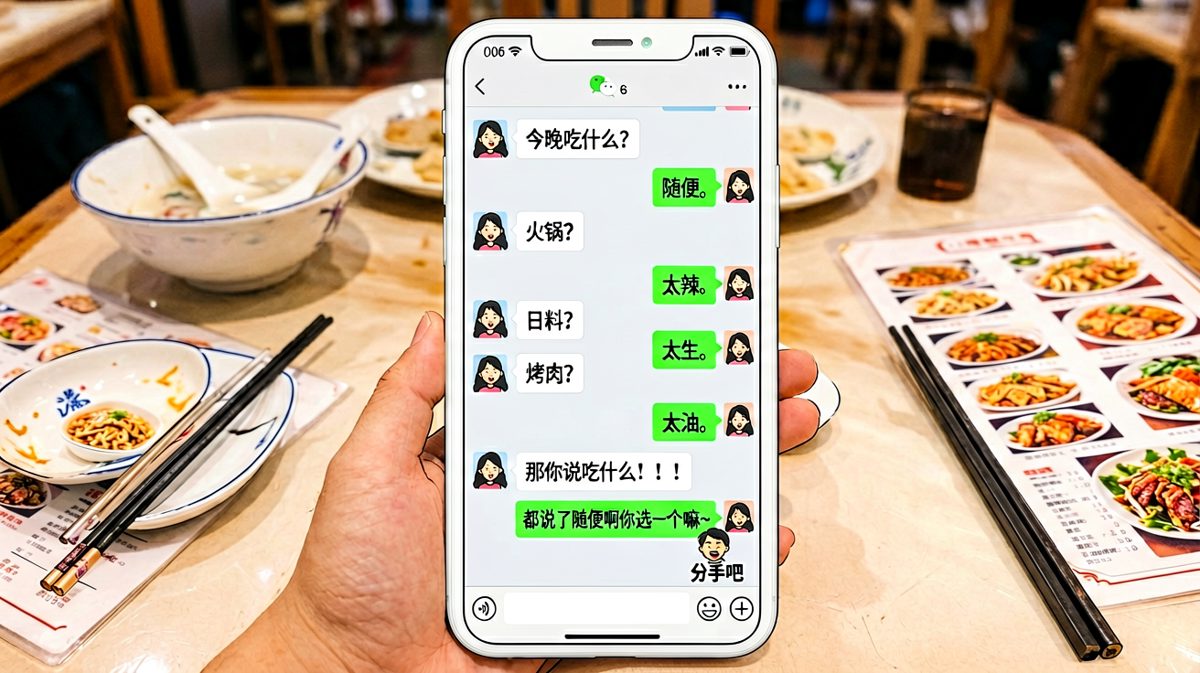 经典'随便'陷阱：女生问吃什么，男生一句随便逼疯整个对话