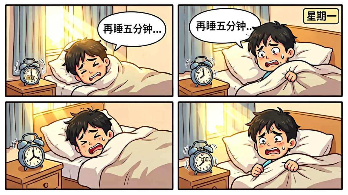 闹钟响起，主人公选择装死继续睡