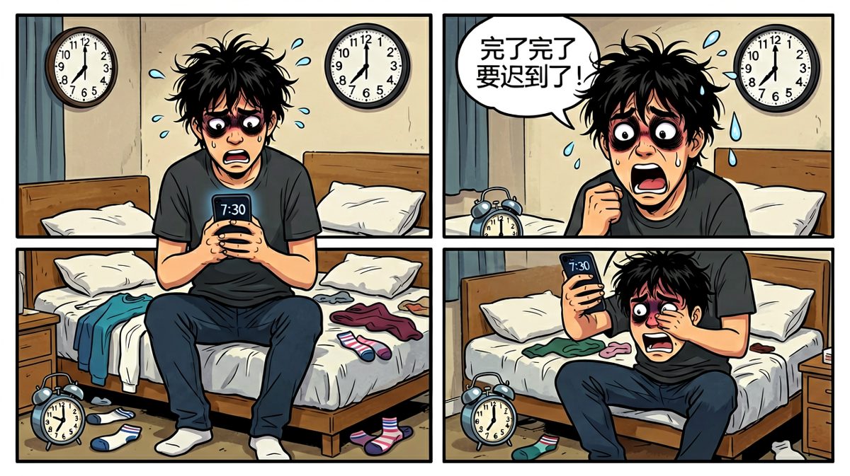 发现睡过头，表情惊恐万分