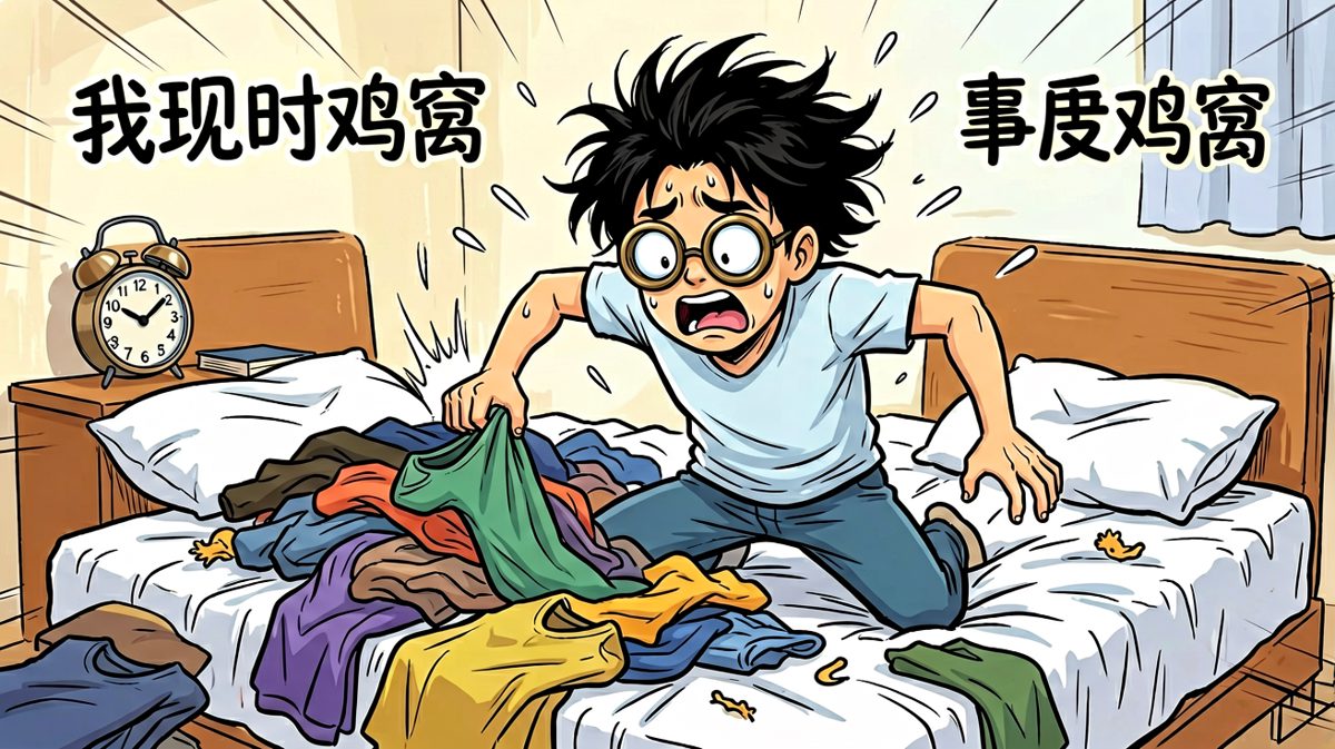 闹钟第三次响起，主角终于惊醒开始疯狂穿衣