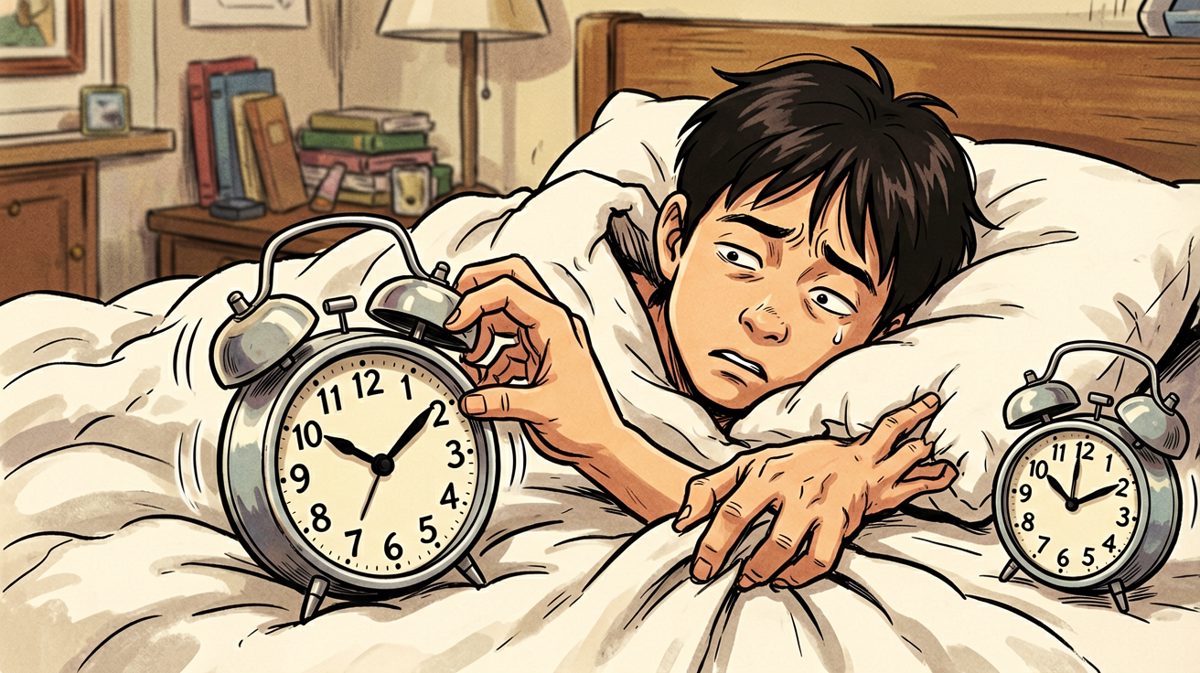 第二格：手伸出去关闹钟，被子像触手一样把它抓回来了。