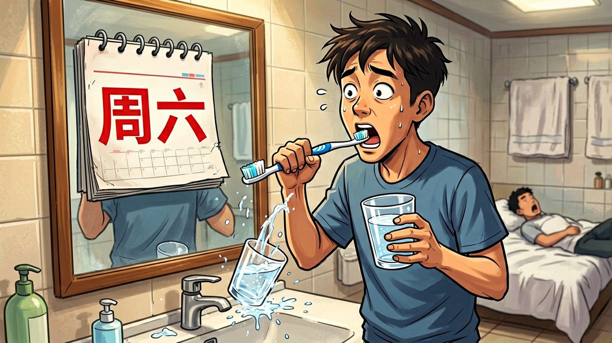 第四格：洗漱完毕才发现今天是周六，灵魂瞬间出窍，被窝赢了。
