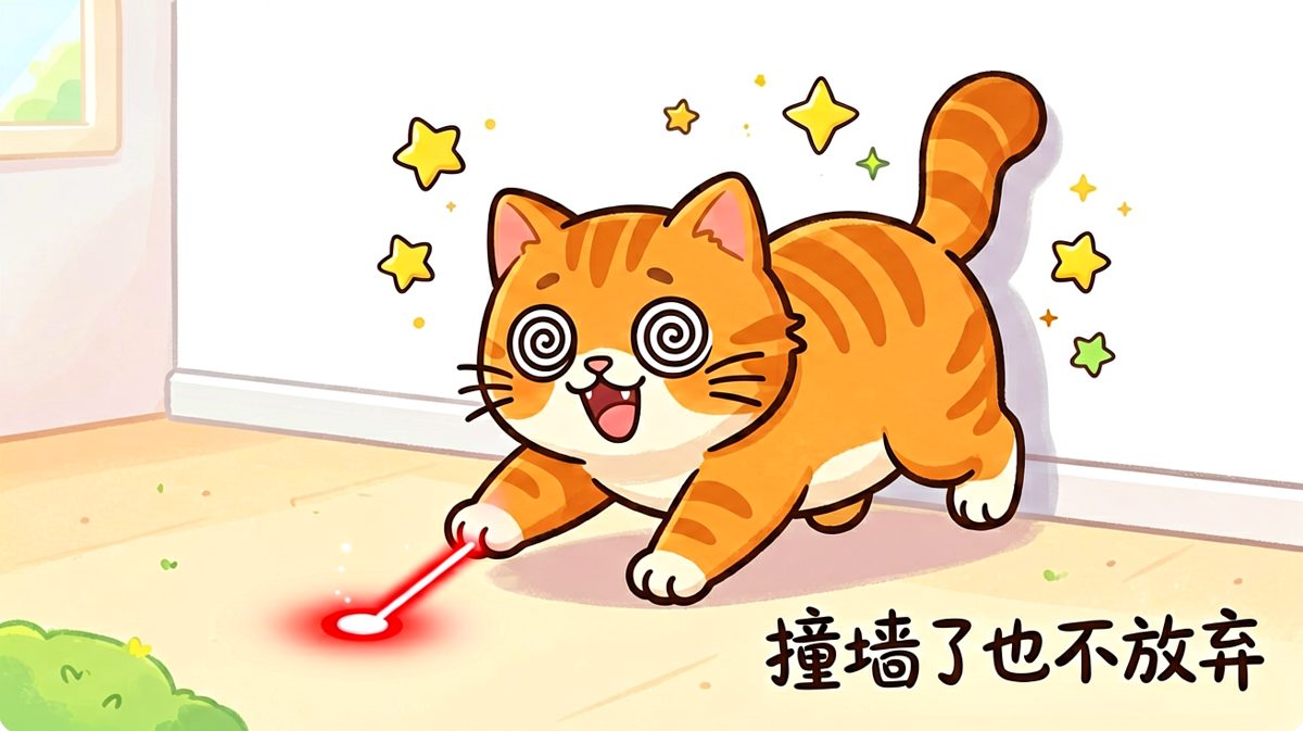 橘猫追激光笔撞墙后的懵圈表情