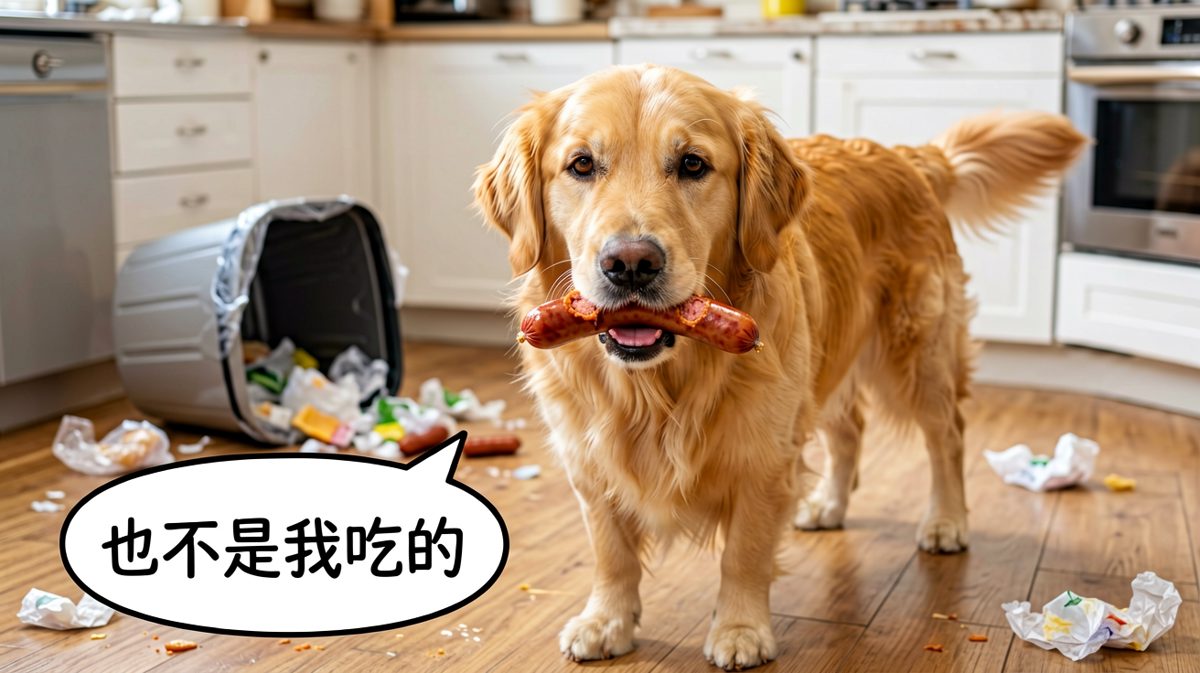 金毛偷吃香肠被抓现行的心虚模样