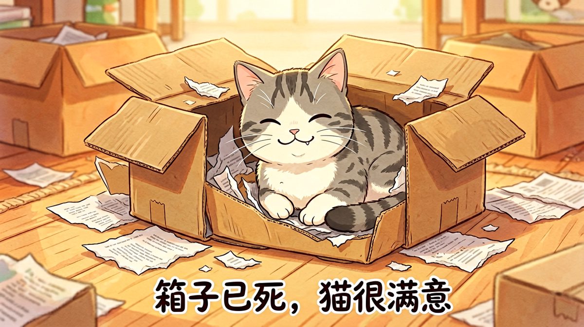 猫咪把纸箱拆烂后依然睡得很香
