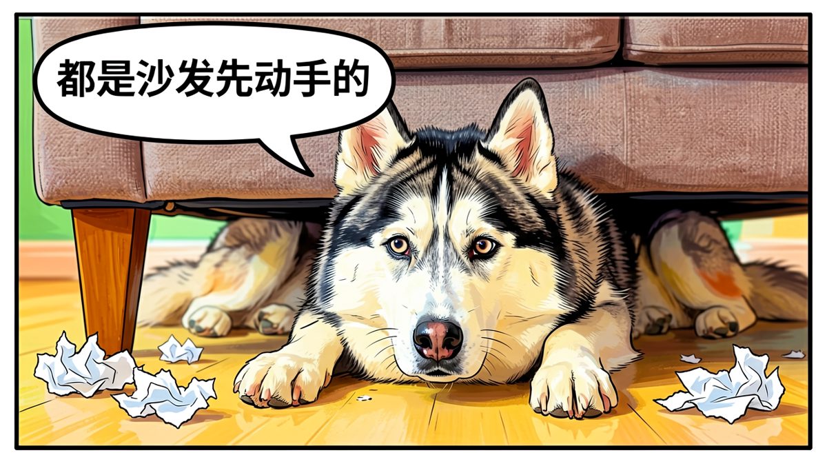 哈士奇拆家后装委屈躲沙发的萌态