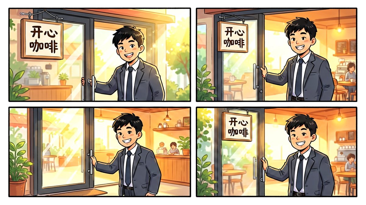 满怀希望，大步走进咖啡店。
