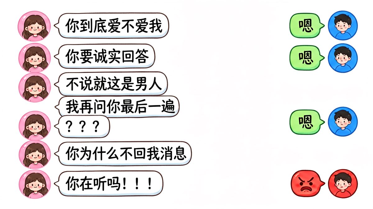 女生连发七条质问，男生只回了两个嗯，结局让人窒息。